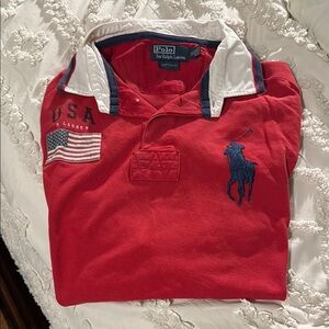 VTG Ralph Lauren Red Polo with USA Flag and Navy Logo